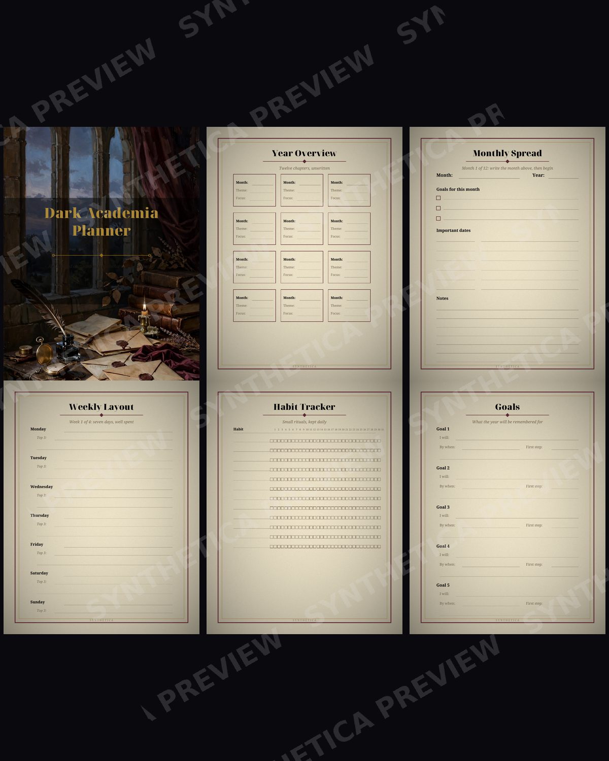 Dark Academia Undated Planner, watermarked preview