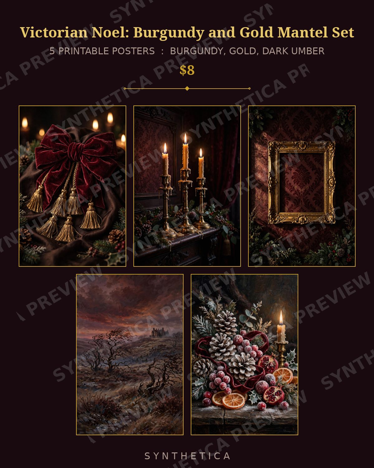 Victorian Noel: Burgundy and Gold Mantel Set, watermarked preview